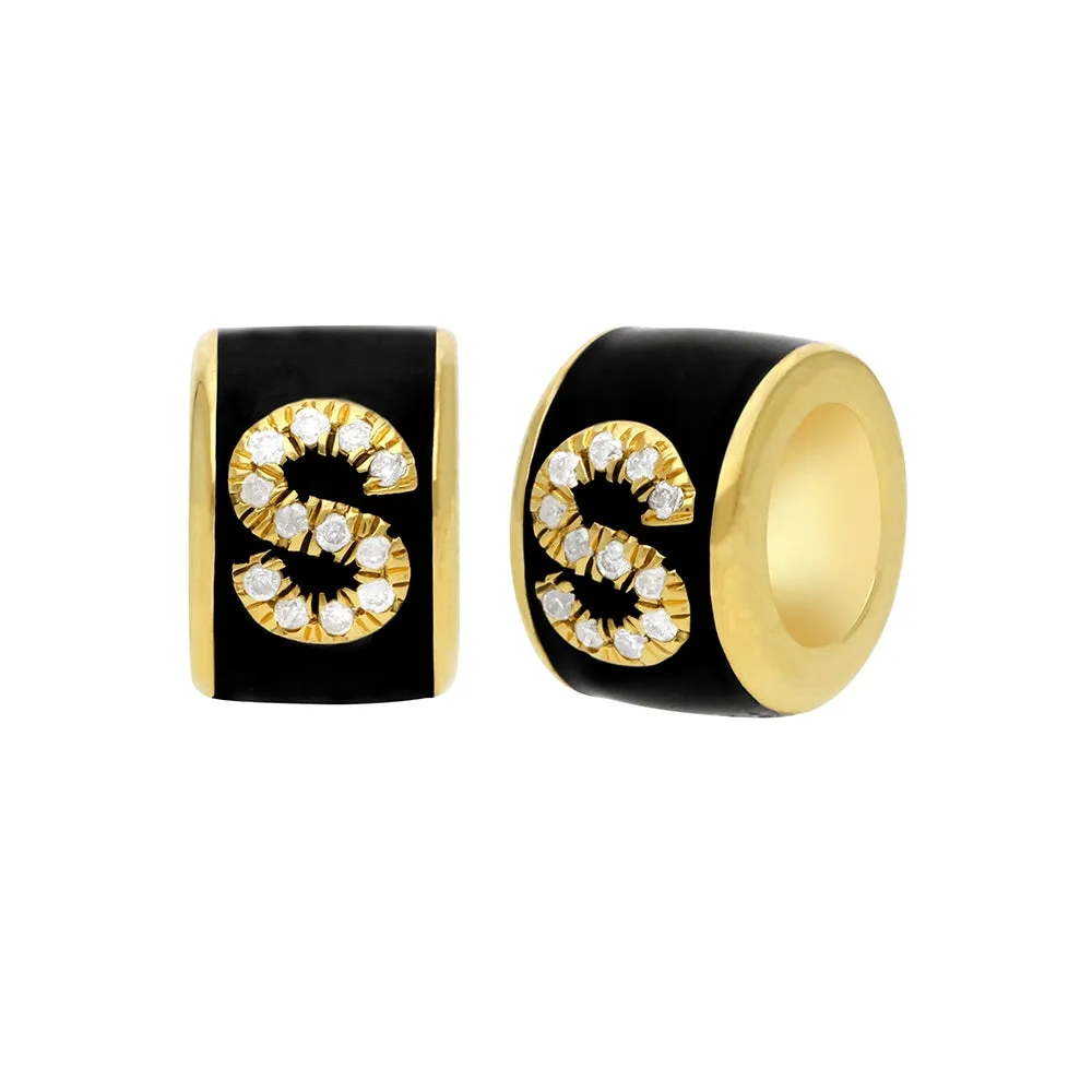 14k Gold Diamond & Emerald Black Enamel Rondelle Bead / Roundel Bead 5.20x9mm
