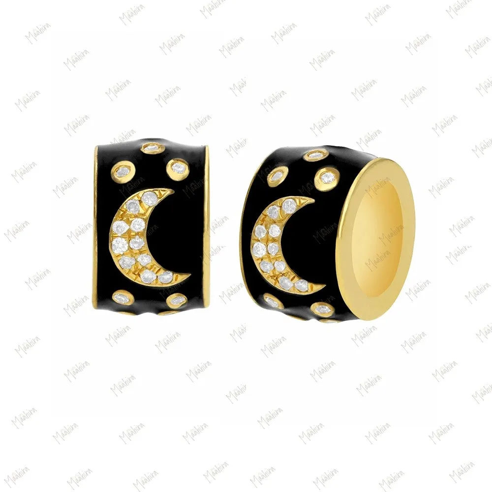 14k Gold Diamond & Emerald Black Enamel Rondelle Bead / Roundel Bead 5.20x9mm