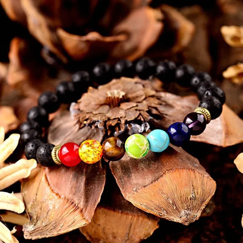 8mm Unisex 7 Chakra Bracelets Lava Stone Healing Beaded Bangle Diffuser Bracelets Balance Yoga Jewelry Gifts for Men Women