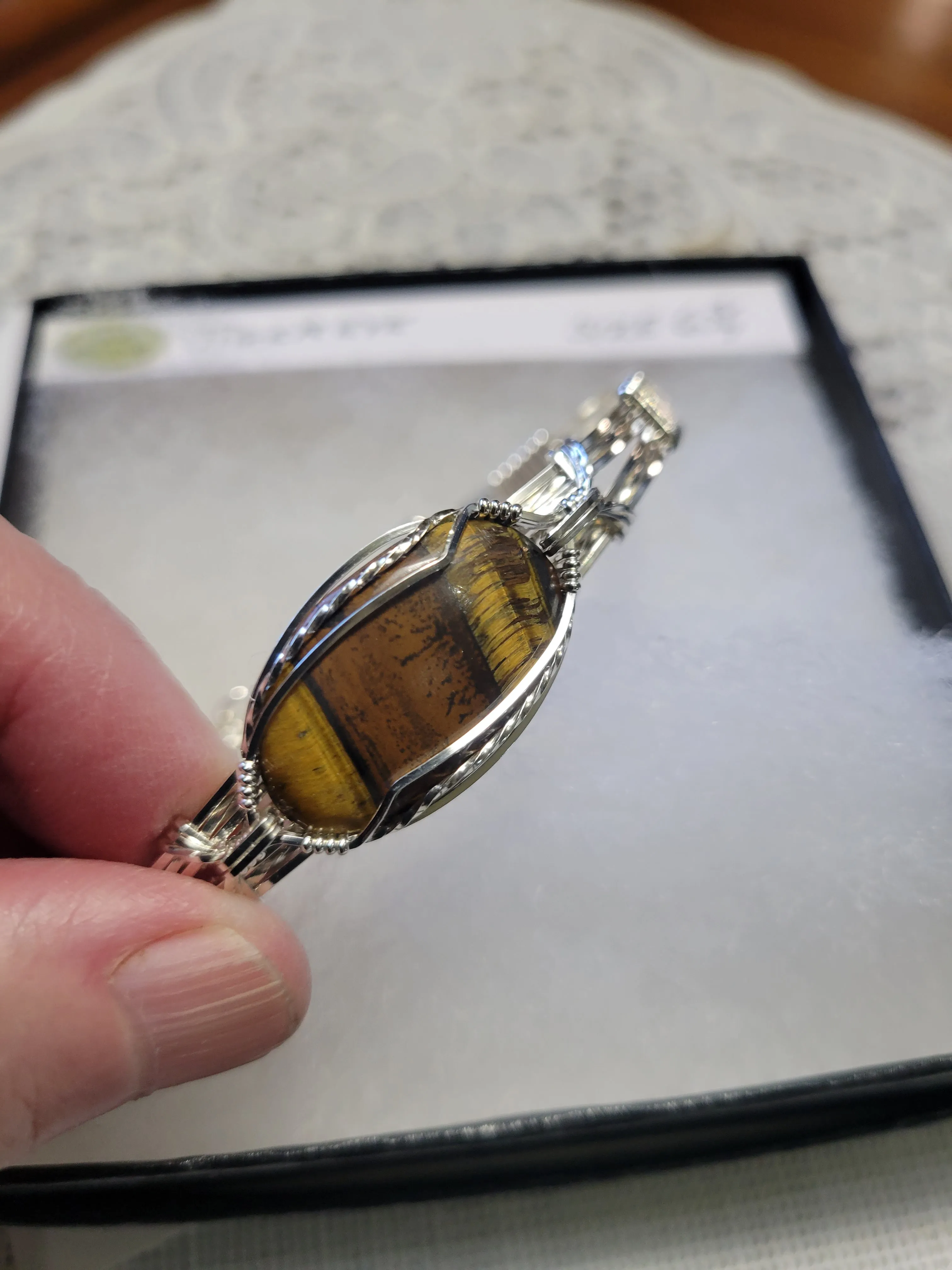 Custom Custom Cut Polished & Wire Wrapped Tiger*s Eye Bracelet Size 6 3/4 Sterling Silver .935