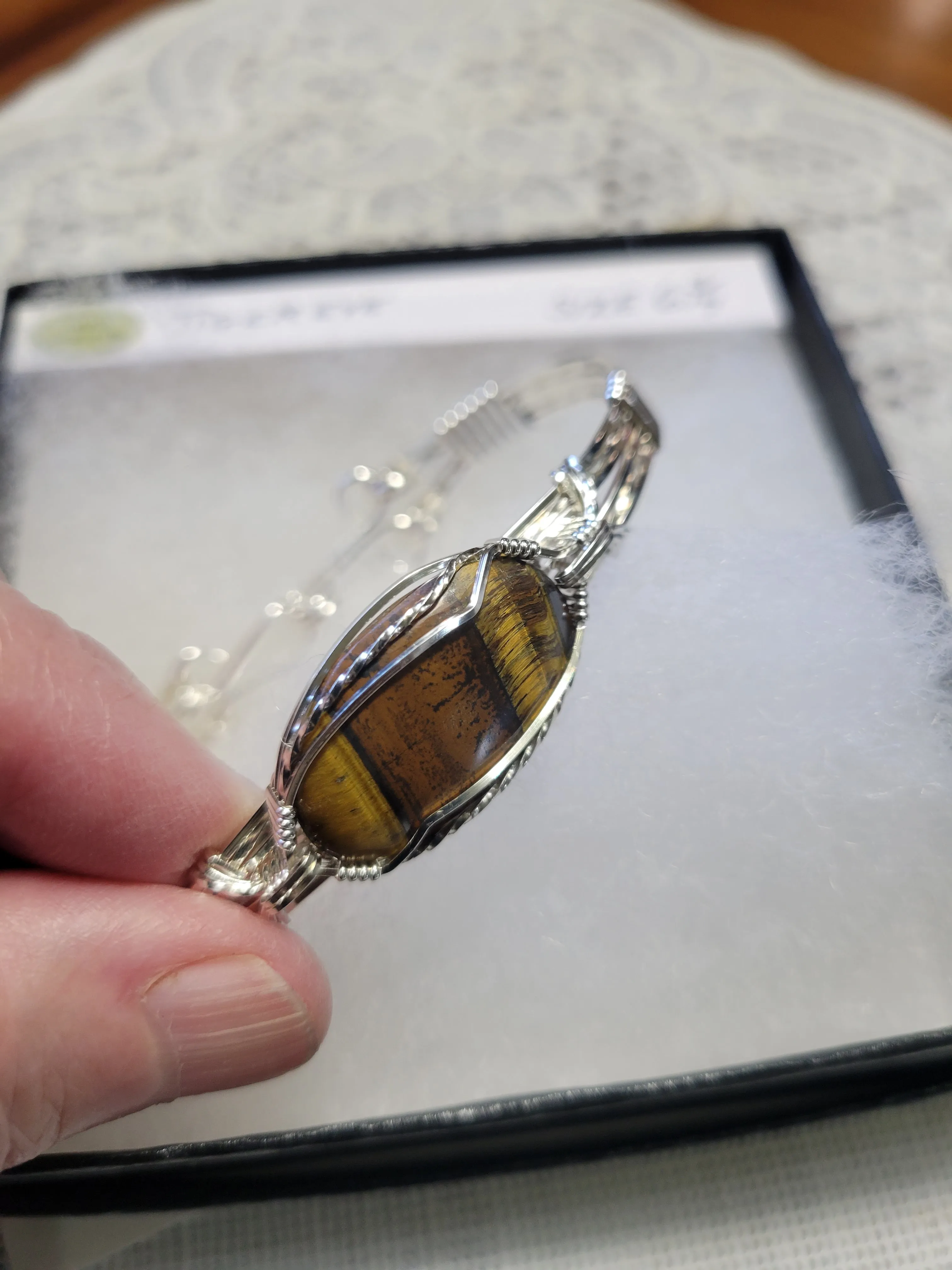 Custom Custom Cut Polished & Wire Wrapped Tiger*s Eye Bracelet Size 6 3/4 Sterling Silver .935