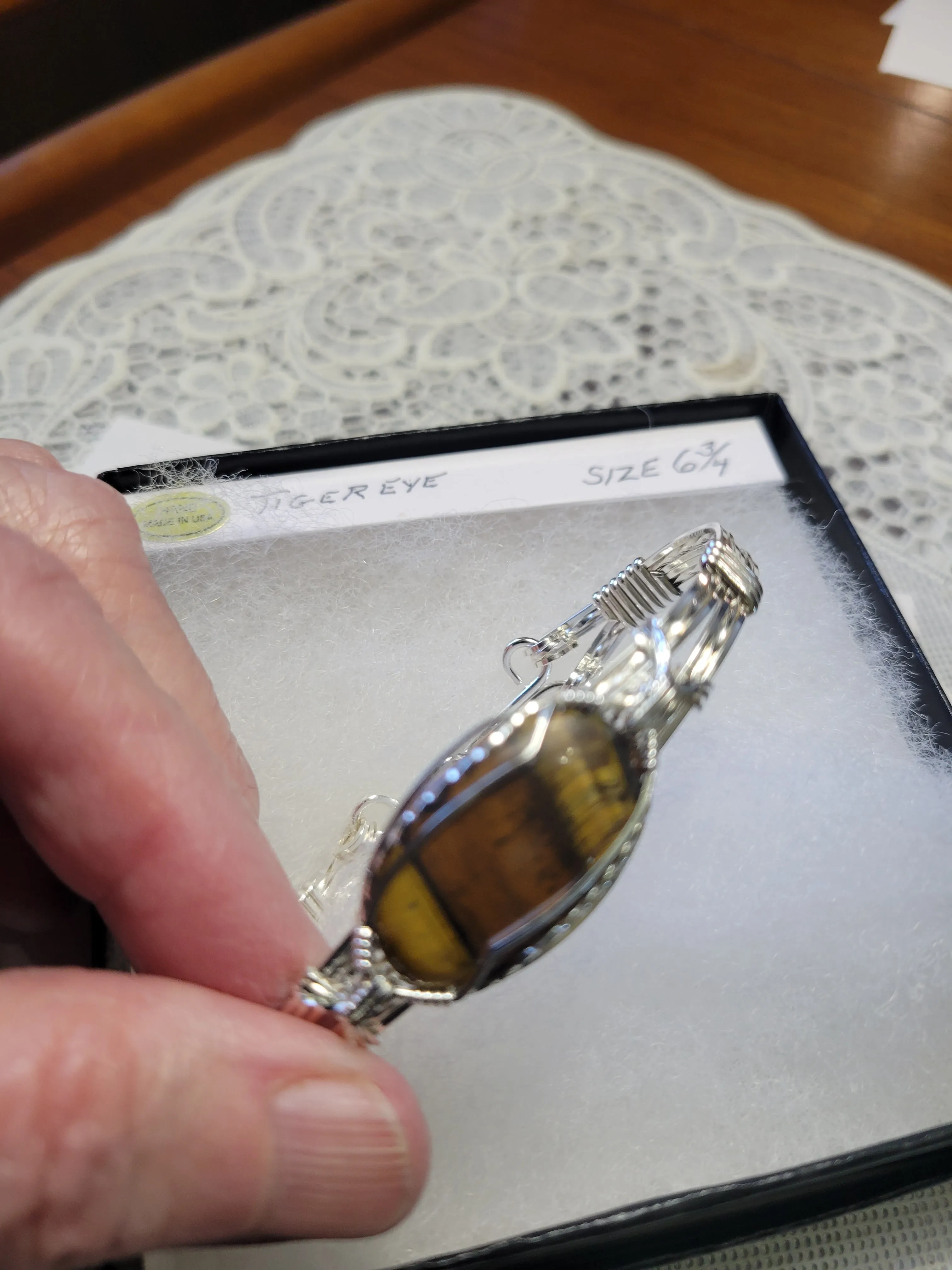 Custom Custom Cut Polished & Wire Wrapped Tiger*s Eye Bracelet Size 6 3/4 Sterling Silver .935