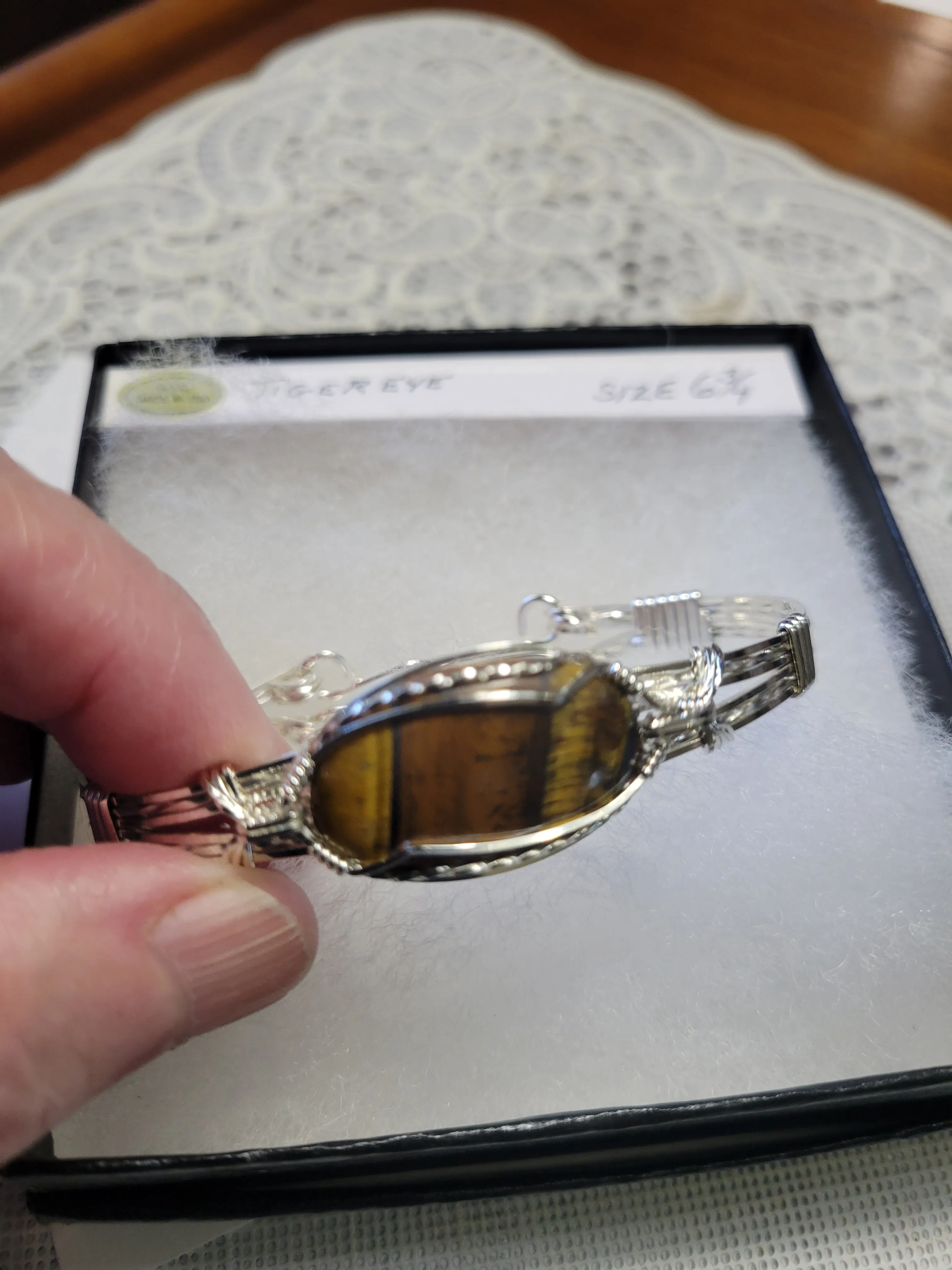 Custom Custom Cut Polished & Wire Wrapped Tiger*s Eye Bracelet Size 6 3/4 Sterling Silver .935