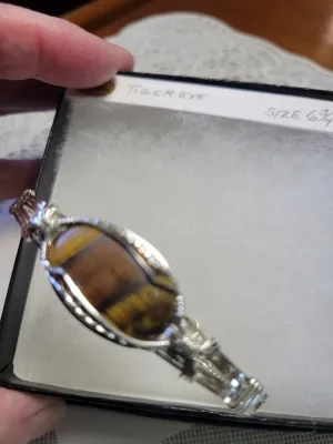 Custom Custom Cut Polished & Wire Wrapped Tiger*s Eye Bracelet Size 6 3/4 Sterling Silver .935