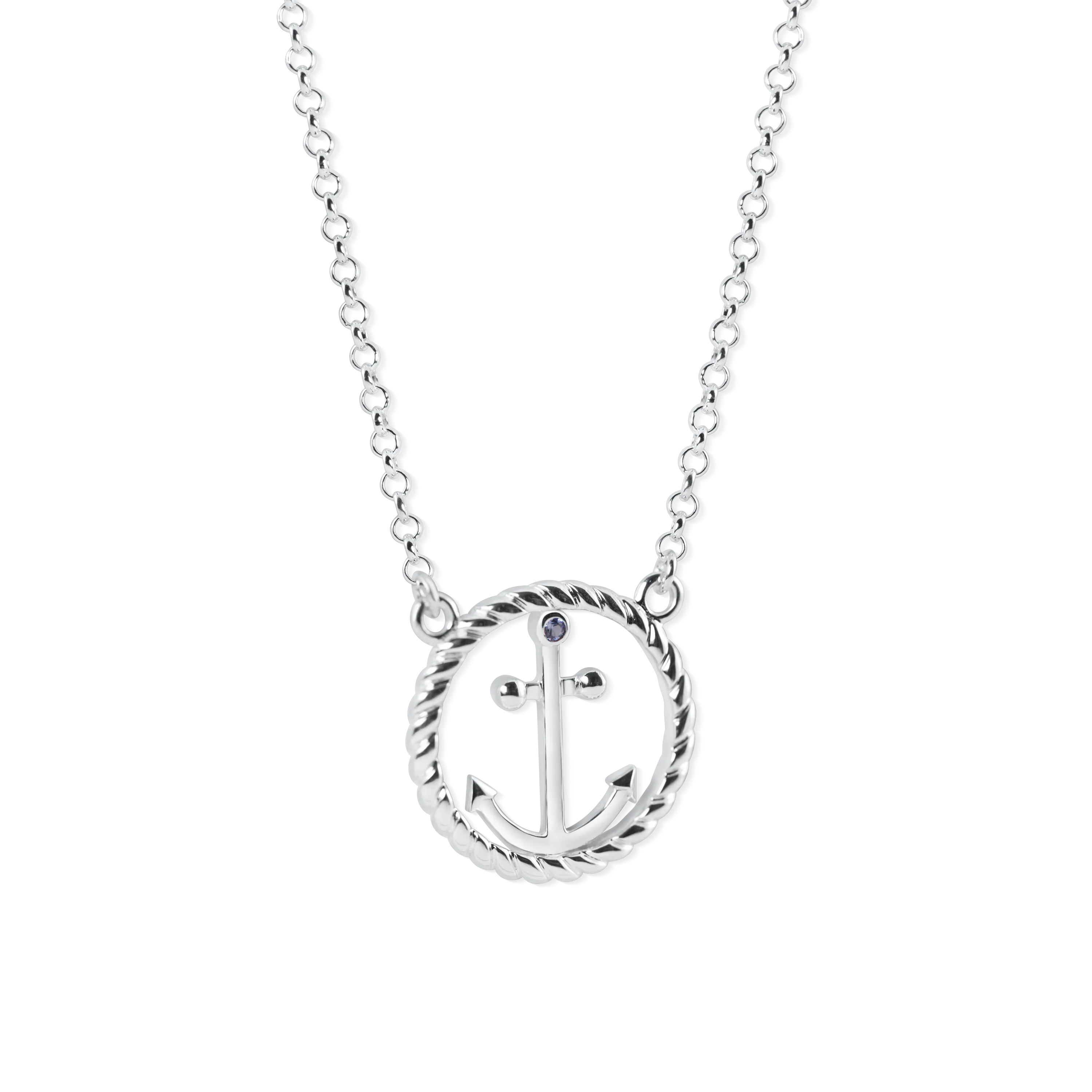 Ladies Anchor Circle Rope Necklace from Nau-T-Girl in Silver with Imitation Blue Stone