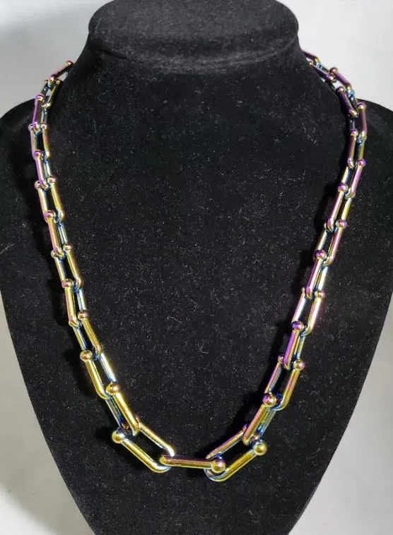 N2158 Iridescent Thick Chain Link Necklace with FREE Earrings