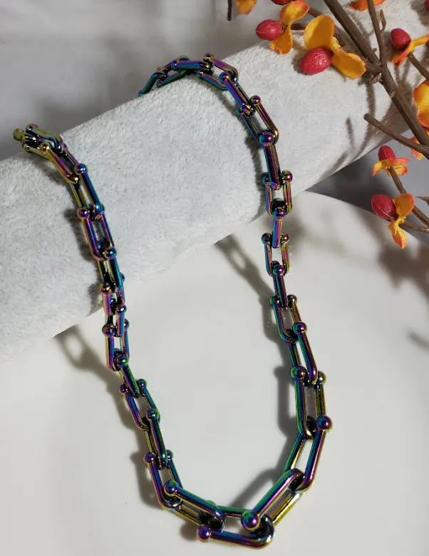 N2158 Iridescent Thick Chain Link Necklace with FREE Earrings