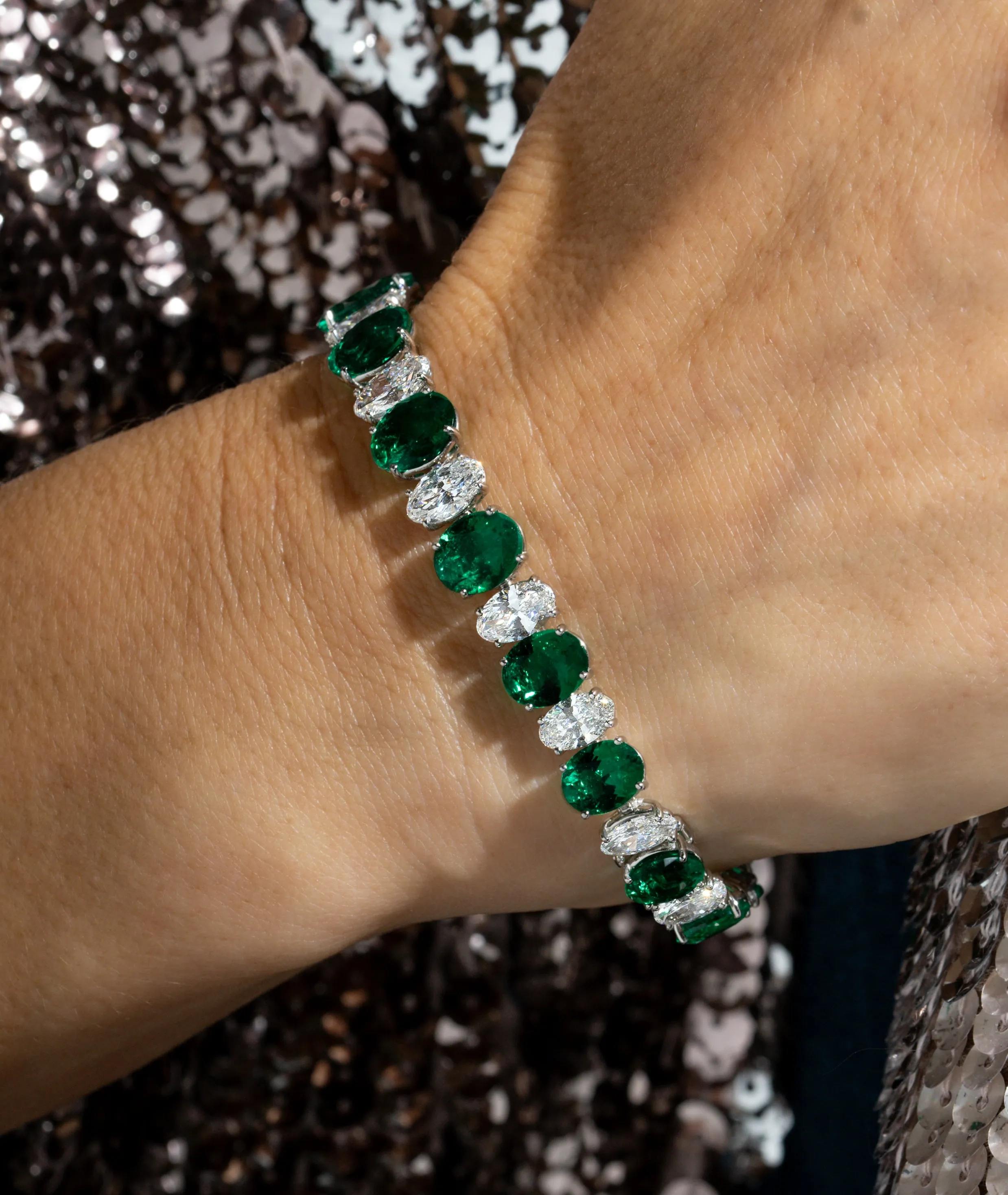Oval Green Emerald and Diamond Bracelet