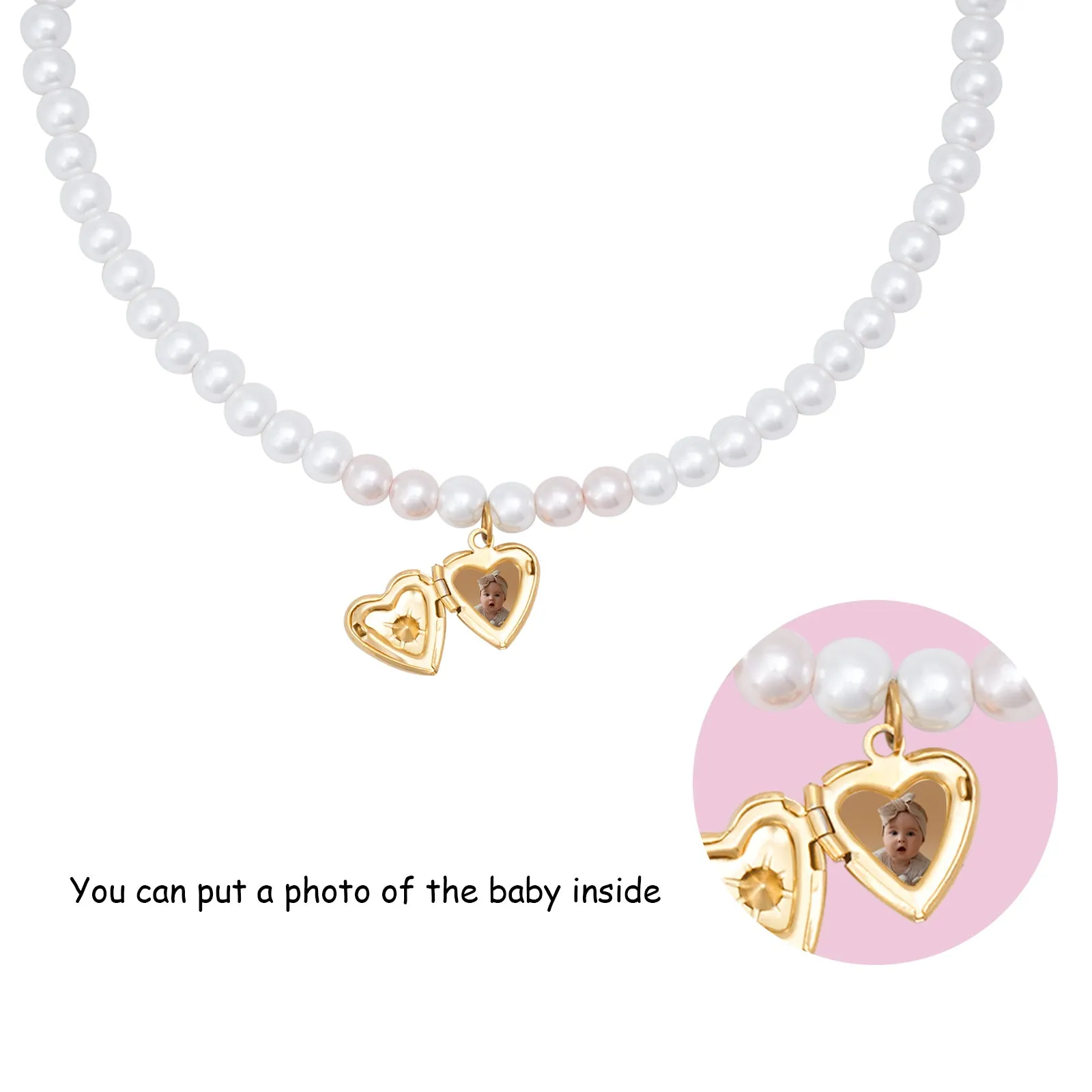 Personalized Birthstone Girl‘s Heart Locket Pearl Necklace