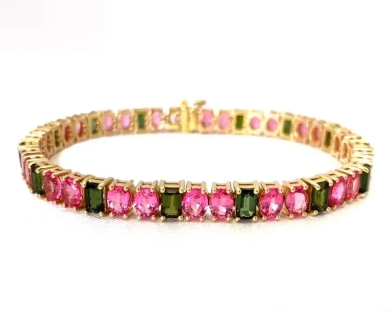 Pink Spinel and Green Tourmaline Yellow Rose Gold Tennis Link Bracelet