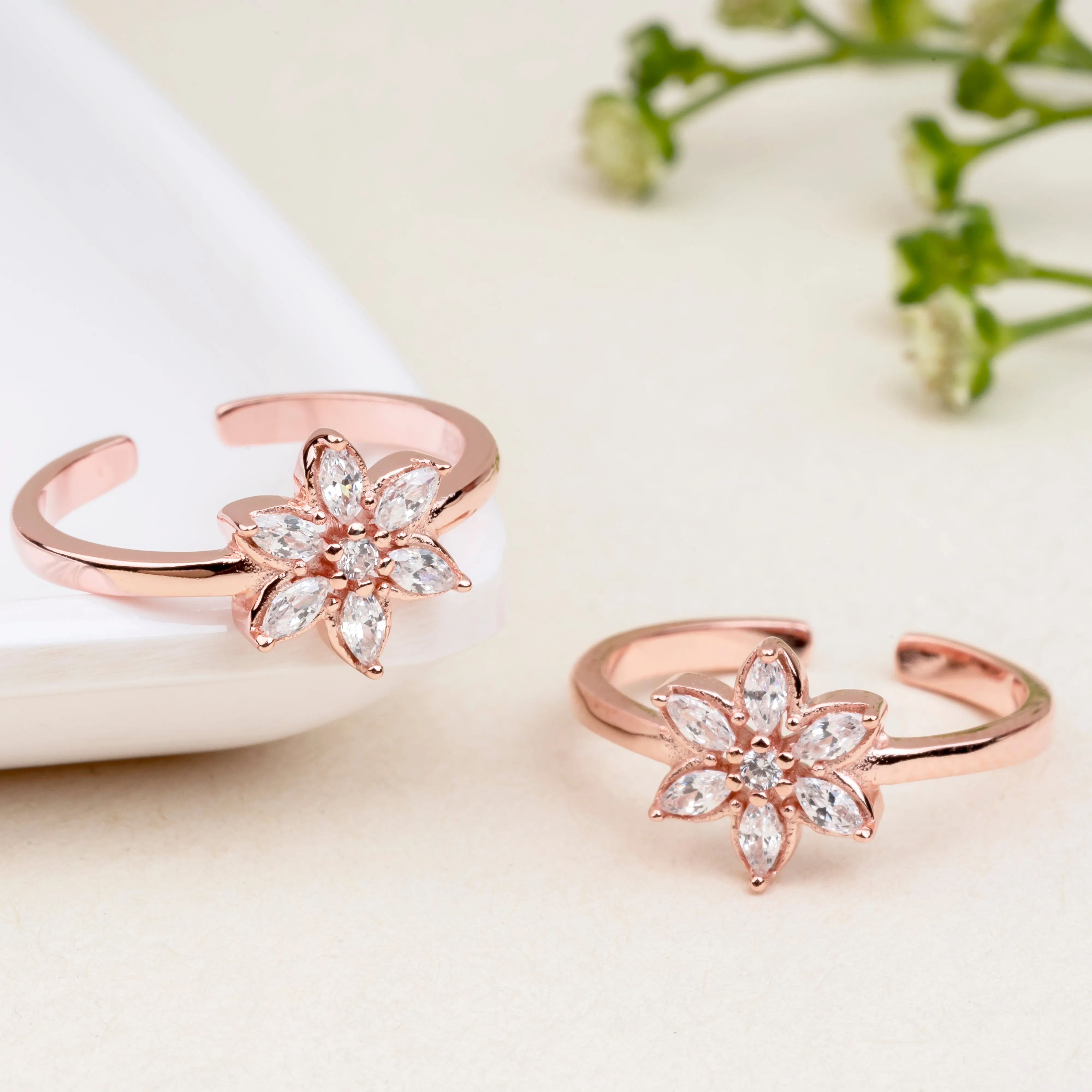 Silver Rose Flower Stone Toe Ring