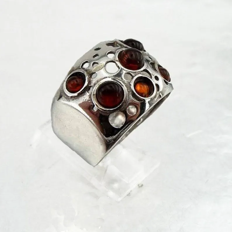Wide sterling silver with 5 natural Ambers gemstones ring