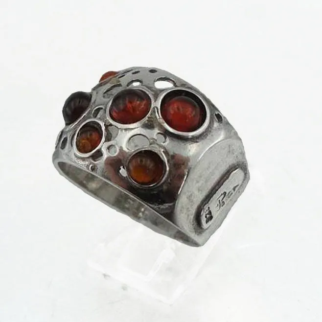Wide sterling silver with 5 natural Ambers gemstones ring